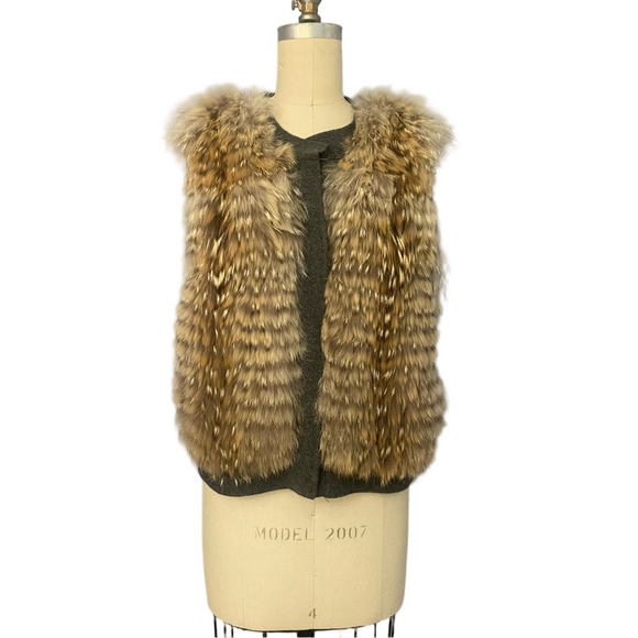 Saks Fifth Avenue Gray Cashmere Sweater Vest Coyote Fur Size M Festival Ready - Picture 1 of 9